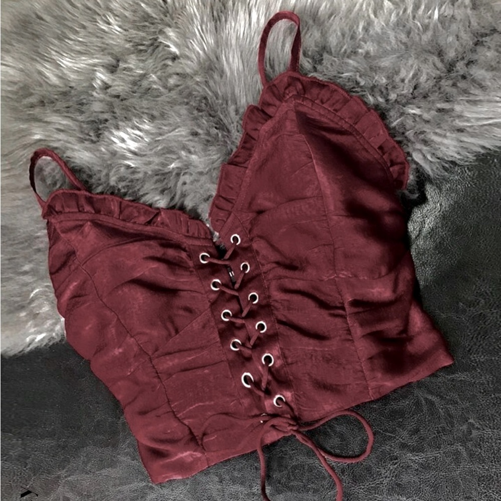 SHEIN Burgundy Lace Up Shirred Cami Top